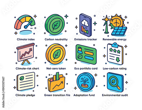 Climate Investing Icons. Climate-Focused Investing. Colorful iso
