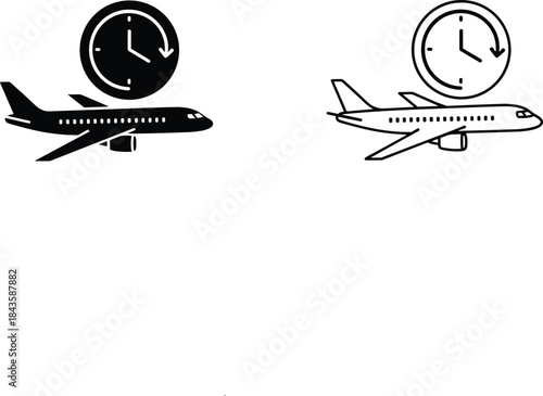 A set of flight time and travel delay icons in solid and outline styles, symbolizing airplane schedules, arrival estimates, and the duration of air travel.