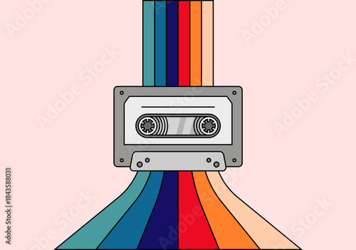 Audio cassette tape with flowing retro color stripes background. Nostalgic music concept inspired by analog sound, vintage technology, 1980s aesthetics. Ideal for music branding. Vector illustration