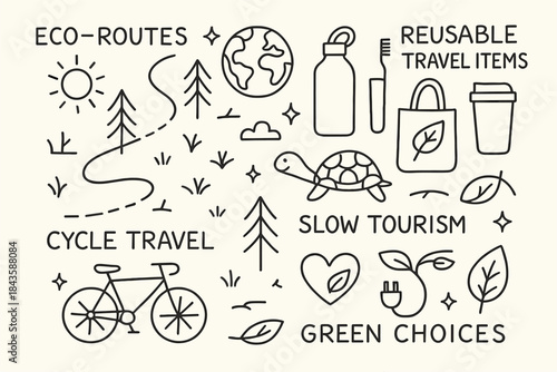Eco Travel and Sustainable Tourism Line Icons