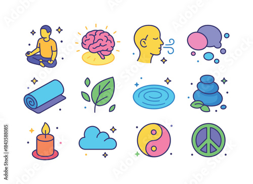 Peaceful Mindset Icons. Peaceful Mindset. Colorful isometric vec