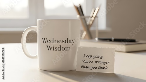 Wednesday Wisdom Mug with Inspirational Message and Desk Items