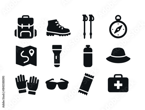Essential Hiking Gear Icons. Hiking gear essentials. Solid icon