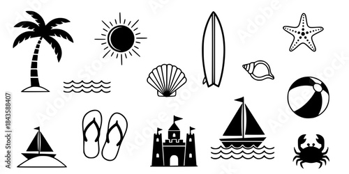 Black beach and ocean icons on white background summer
