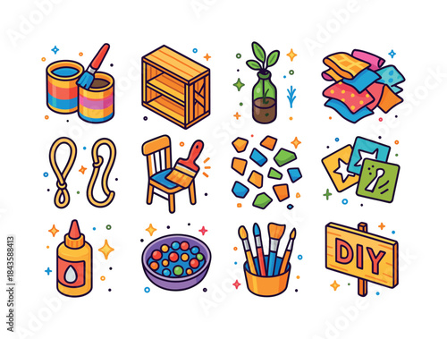 Creative Upcycling Icons. Creative upcycling. Colorful isometric