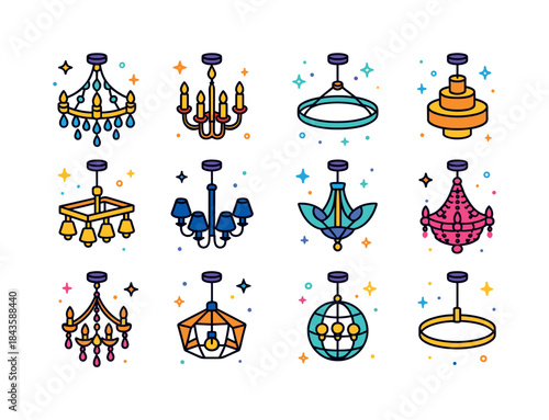 Colorful Chandelier Icons. Chandeliers. Colorful isometric vecto