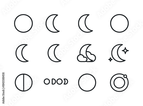 Moon Phases Icons. Moon. Line icon set of Moon: full moon, cresc