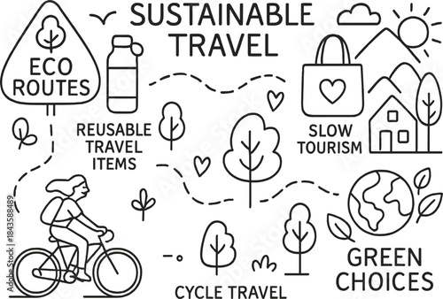 Sustainable Travel and Eco Tourism Line Icons