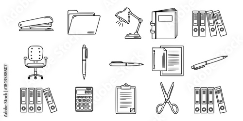 Office supplies icons stapler folder desk lamp chair pen clipboard calculator scissors binders
