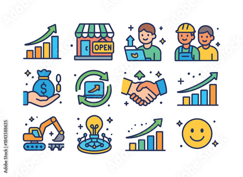 Colorful Economic Icons Display. Economic recovery. Colorful iso