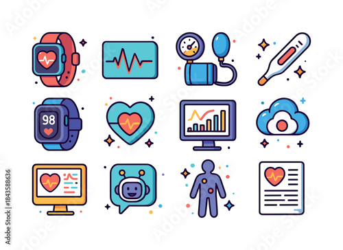 Isometric Health Icon Set. Health monitoring. Colorful isometric