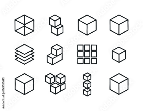 Cubical Icon Collection. Cubical Structures. Line icon set of Cu