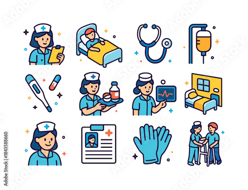 Nurses' Care Icons. Nurses caring for patients. Colorful isometr
