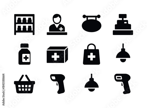 Drugstore Icons Set. Drugstore Interior. Solid icon set of Drugs