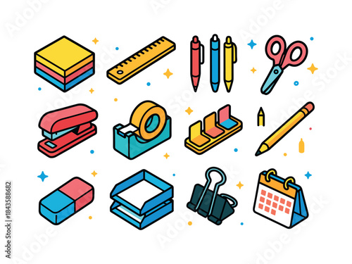 Colorful Desk Essentials. Desk essentials. Colorful isometric ve