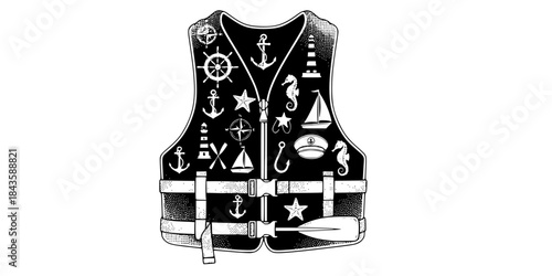 Nautical and boating icons in dark teal paddle life vest
