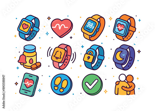 Senior Health Tech Icons. Digital health for seniors. Colorful i