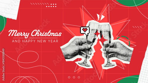 Hands clinking glasses in a celebratory toast to Christmas and New Year. Vector art for holiday greeting card.