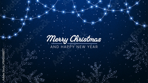 festive christmas lights and snowflakes on a dark blue background with text merry Christmas and happy new year for winter holiday card