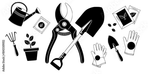 Gardening tools and supplies flat icons secateurs shovel
