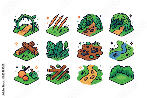 Jungle Trail Icons. Jungle Trails. Colorful isometric vector ico