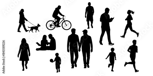 Black silhouettes of people engaged in various activities
