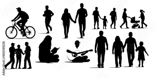 Black silhouettes of people engaged in various activities
