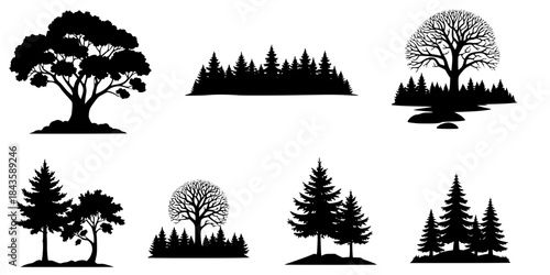 Forest elements and nature icons black silhouette vector
