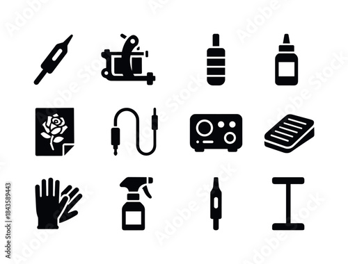 Tattoo Equipment Icons. Tattoo equipment. Solid icon set of tatt
