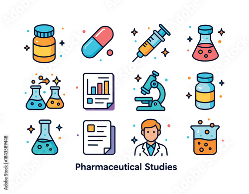 Pharmaceutical Icons Set. Pharmaceutical studies. Colorful isome