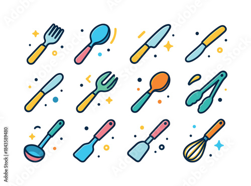 Colorful Cutlery Icons. Cutlery essentials. Colorful isometric v