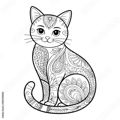 Mandala Cat Colouring Page - Cute Feline Zen Anti-Stress Adult Colouring Vector