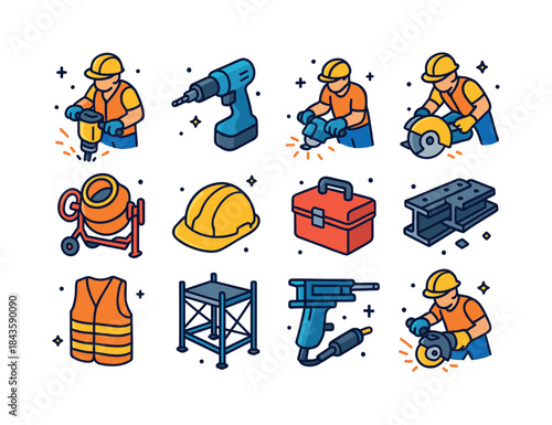 Colorful Construction Icons. Labor workers using power tools for
