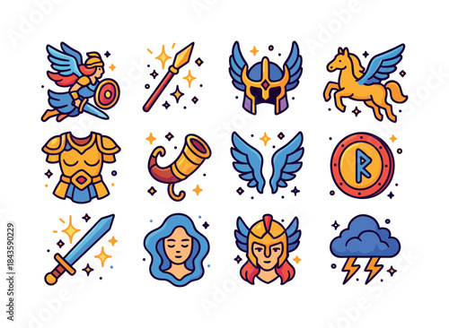 Valkyrie Icon Set. Valkyries. Colorful isometric vector icons se