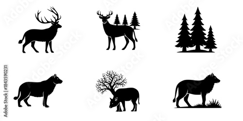Black animal and nature icons on white
