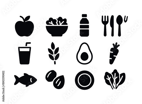 Healthy Eating Icons. Healthy Eating Habits. Solid icon set of H