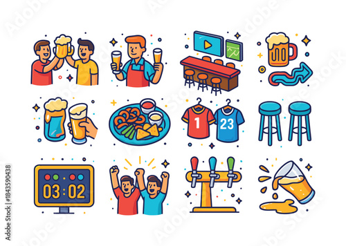 Isometric Sports Bar Icons. Sports bar fun. Colorful isometric v