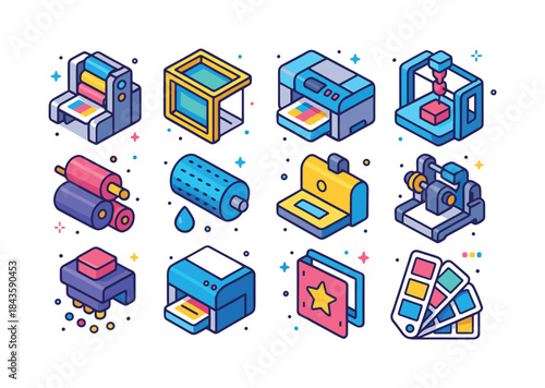Colorful Printing Icons Set. Printing techniques. Colorful isome