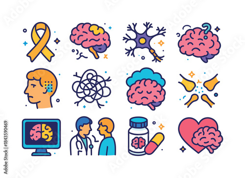 Brain Disorders Icons Set. Brain disorders. Colorful isometric v
