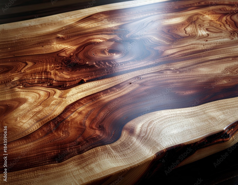 Obraz premium Polished Wood Grain Texture with Natural Burls and Swirling Patterns Highlighting Organic Forms and Rich Earth Tones Under Soft Sunlight