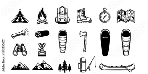 Camping and outdoor activity icons set collection

