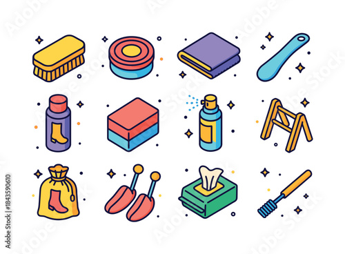 Colorful Shoe Care Icons. Shoe Care. Colorful isometric vector i