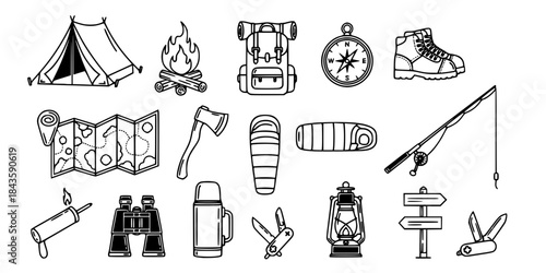 Camping and outdoor activity icons set collection
