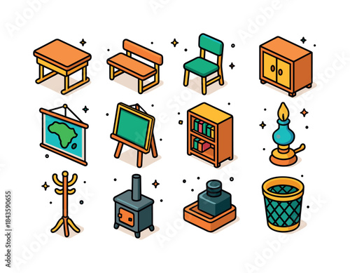 Colorful Classroom Furniture Icons. Classroom furniture. Colorfu