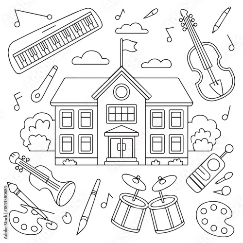 School Building and Arts Supplies Coloring Page - Education and Creative Doodles Background