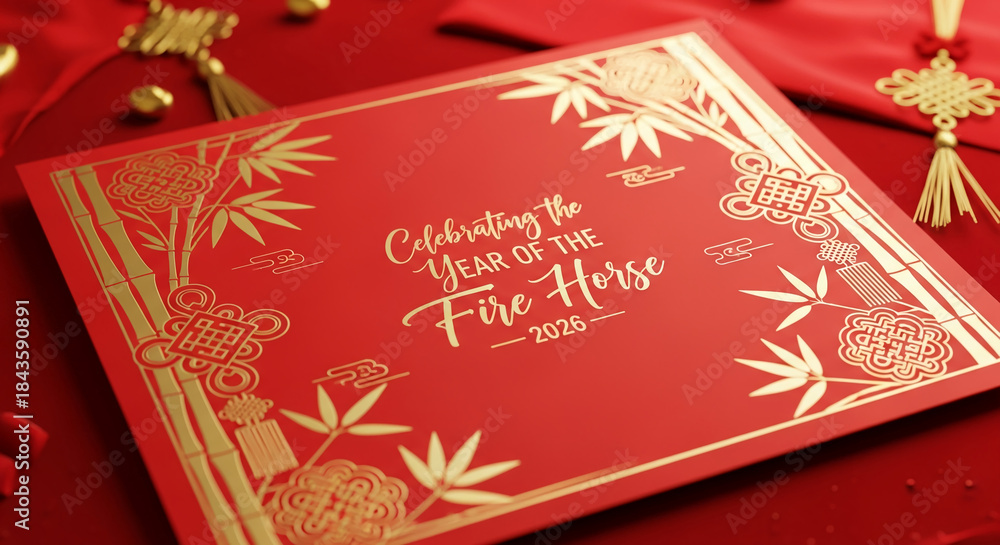 Fototapeta premium Red card with gold decoration, showcasing 