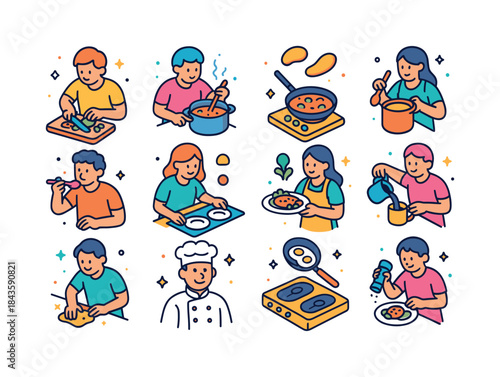 Colorful Cooking Icons. Cooking moments. Colorful isometric vect