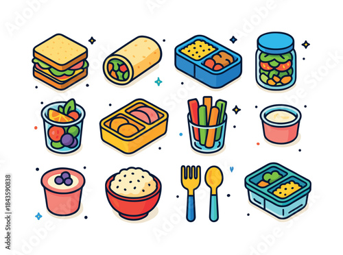 Colorful Lunch Icons. Easy lunch ideas. Colorful isometric vecto