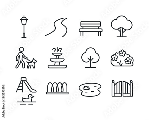 Park Icon Set. Park scene sketches. Line icon set of park scene