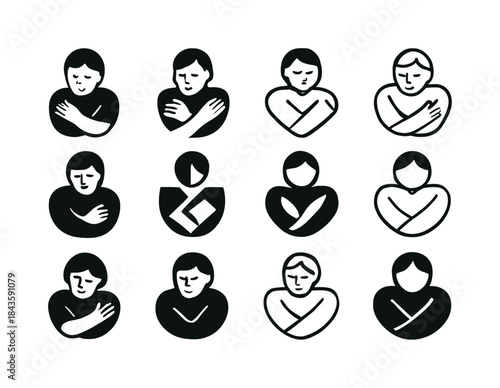 Self-Love Icon Grid. A person hugging themselves, practicing sel